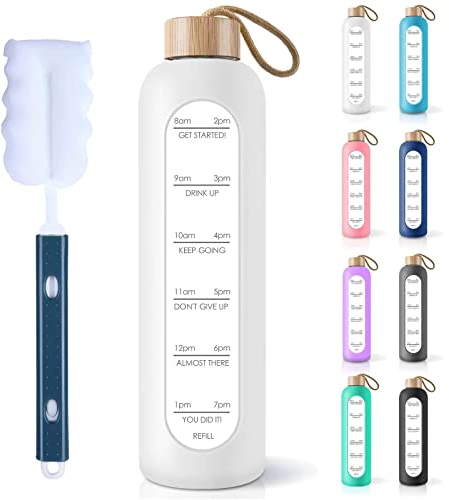 PROBTTL Bouteille d'eau en verre borosilicate de 950 ml avec citations de rappel de marqueur de temps, anti-fuite, réutilisable, sans BPA, avec manchon en silicone et couvercle en bambou (blanc)