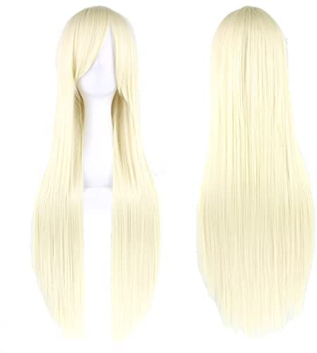 IMISSU 80 cm langes glattes Naturhaar Cosplay Perücken mit Pony Bunt Halloween Kostüm Party Perücke Haarverlängerungen (Blond)