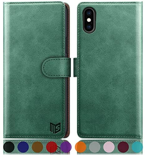 SUANPOT [RFID Schutz für iPhone X/XS 5,8-Zoll hülle PU Leder handyhülle Lederhülle klapphülle Kartenfach Flip Phone Case Cover für iPhone X/XS handyhülle Hellgrün