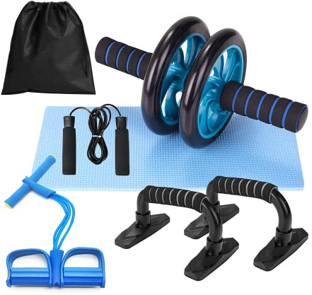 Kit allenamento con rullo addominali, corda elastica di resistenza con pedali e tappetino per ginocchia, set fitness 5 in 1 esercizi in casa e palestra.