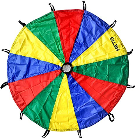 METIS Schwungtuch Kinder [1,8m - 9,1m] - Grundschule Kinderspiele | Schwungtuch in 6 Größen erhältlich | Spielplatzgeräte | Indoor & Outdoor Spielzeuge | Tragetasche enthalten (4,9m)