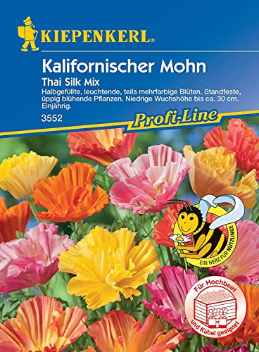 Kiepenkerl 3552 Kalifornischer Mohn Thai Silk Mix, halbgefüllte leuchtende teils mehrfarbige Blüten, standfest und üppig blühend, niedrigere Wuchshöhe (ca. 30 cm)
