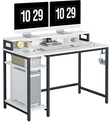 CubiCubi Computer Desk with Monitor Stand and Storage Shelves, 120cm Home Office Desk Study Writing Table, White