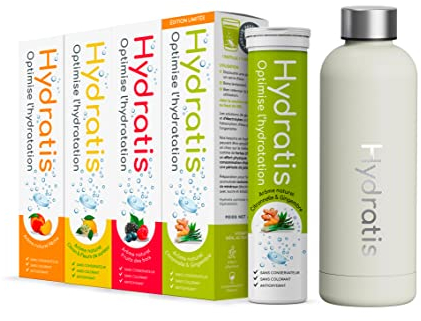 HYDRATIS - Pack 4 Tubes de Pastilles Effervescentes avec Electrolytes + Gourde 500 ml Blanche - Optimise l'Hydratation - Citron/Fleur de Sureau + Fruits des Bois + Pêche + Citronnelle/Gingembre