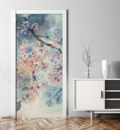 MyMaxxi - Tür bekleben mit Türtapete Türposter Türfolie Selbstklebend 90x200 Graffiti gesprühter blühender Baum - Tür verschönern Türaufkleber Türklebefolie Blume Blüte blau