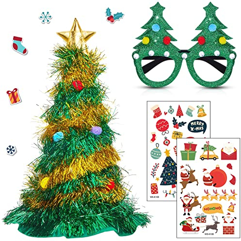 EBOOT Weihnachtsbaum Hut mit Stern lustig christbaum Party Kopfbedeckung Weihnachten Brille zum Tragen und 2 Bögen Temporäre Weihnachtstattoos Kostüm Deko für Erwachsene Party Geschenke Box