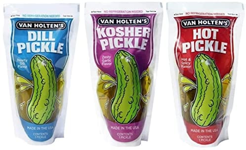 Van Houltens Jumbo Pickle in A Pouch Variety Pack - 3 Flavours - Kosher Garlic - Hot and Spicy - Dill (3 Pack)
