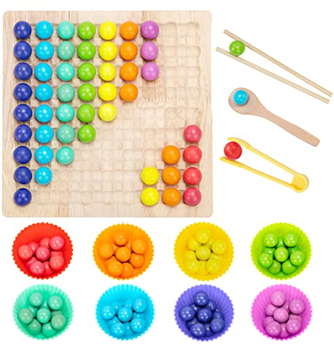 Wisplye Holzspielzeug Brettspiele Kinder, Holz Clip Beads Montessori Spielzeug, Regenbogen Puzzle Vorschule Lernspielzeug Elimination Spiele, Frühe Pädagogisches Geschenk für Mädchen Jungs