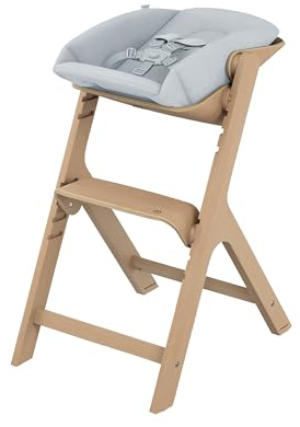Maxi-Cosi Nesta Mitwachsender Baby-Hochstuhl, Neugeborenen-Set Bundle – Verstellbarer Hochstuhl, 3,5–99 Jahre, Naturholz + Leicht zu reinigendes Neugeborenen-Set, 0–6 Monate, 0–9 kg, Beyond Sky Grey