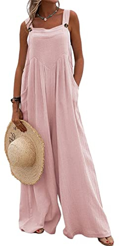 Runstarshow Womens Overalls Casual Loose Dungarees Ladies Jumpsuits UK Romer Oversized Women Wide Leg Playsuit with Pockets Solid Color Plus Size 8-26 Summer Trousers Pants Pink