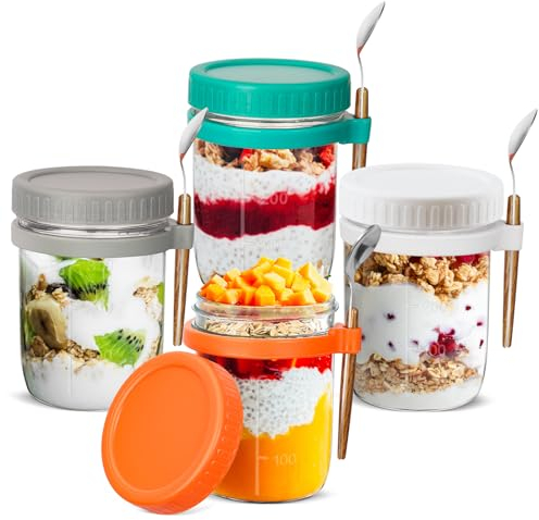 JIIKOOAI 4 Stück Overnight Oats Gläser mit Deckel und Löffel, 400ml/16 oz Glas Muslibecher, Obstbehälter, Salatbecher to go, Joghurt to go becher für Milch Cerealien Obst Cerealien