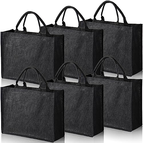 DEAYOU 6 Pack Large Jute Burlap Tote Bag, Black Jute Beach Bag with Laminated Interior, Burlap Gift Tote with Handle, Reusable Lined Market Grocery Shopping Bag for DIY, Wedding,15.4''x12.2''x5.9''