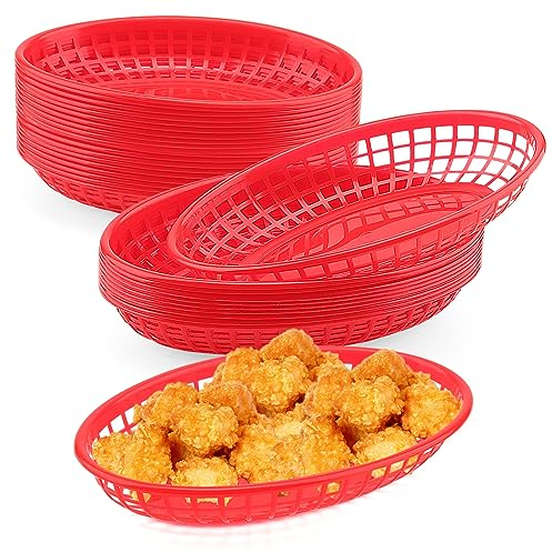 MUKCHAP 40 PCS Red Plastic Fast Food Basket, 23 x 14 x 4cm Oval Fast Food Baskets, Plastic Food Serving Baskets for Chip Sandwiches Burgers