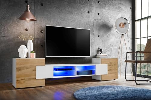 Komodee, Merano Bank TV Schrank, Weiss Weiss Wotan, LED RGB, Breite 230 cm x Höhe 52,5 cm x Tiefe 35 cm, für Wohnzimmer, Schlafzimmer
