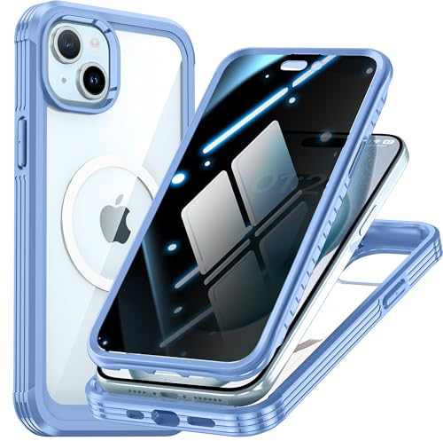 TOPF&B Hülle 360 Grad für iPhone 15 Magnetische Handyhülle[Kompatibel MagSafe],iPhone 15 Hülle mit Panzerglas Sichtschutz,Privacy Case Doppelseitig Gehärtetem Glas Schutzhülle,Blau