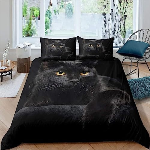 Homemissing Chat Parure de Lit Pet Cat Pattern Literie Set Enfants Mignon Chaton Couette Garçons Filles léger Microfibre mystérieux Chat Noir Housse de Couette 220x240cm décoration 3 pièces