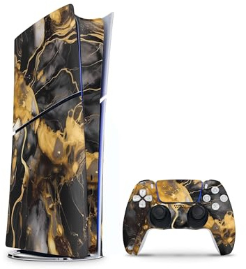 Skins4u Slim PS5 Skins Aufkleber Set kompatibel mit PlayStation 5 DIGITAL Edition + PS5 Controller Skin Wrap Faceplate Design Schutz Folie Dark Gold