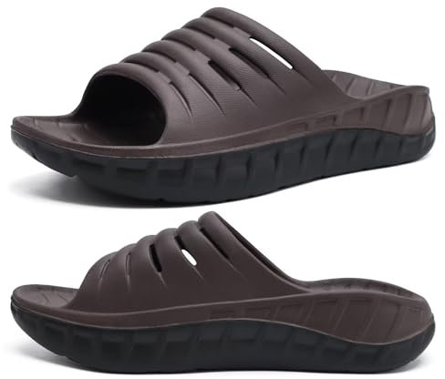 KuaiLu Mens Recovery Sandals Sport Comfort Arch Support Cushion Athletic Sliders Orthotic Plantar Fasciitis Open Toe Wide Width Thick Foam Sandles Summer Pool Beach Slippers Black Brown Size 9