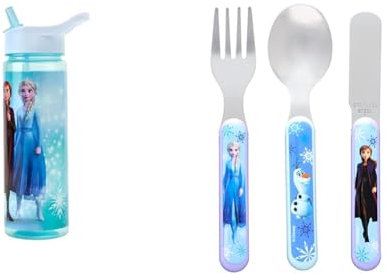 Disney Frozen Sparkle Water Bottle Flip Up Straw 600ml – Official Merchandise Kids Reusable & II Frozen 3 Piece Cutlery Set – Metal, Reusable Children's Knife, Fork & Spoon, Kids-Size