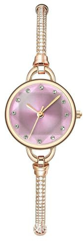 JewelryWe Damenuhr Glitzer Strass Uhr: Damen Elegant Analog Quarz Armbanduhr Kleine Lässige Uhren mit Pink Diamant-Schneid Zifferblatt und Rosegold Verstellbarem Schmalen Metallarmband