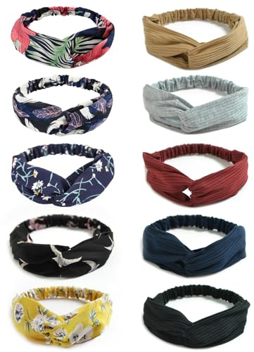 DRESHOW 10 Stück Damen Boho Stirnband Kopfband Haarband Gedruckt Stirnbänder Knoten Verdrehtes Elastische Kopf Wickeln Niedlich Haarschmuck für Mädchen