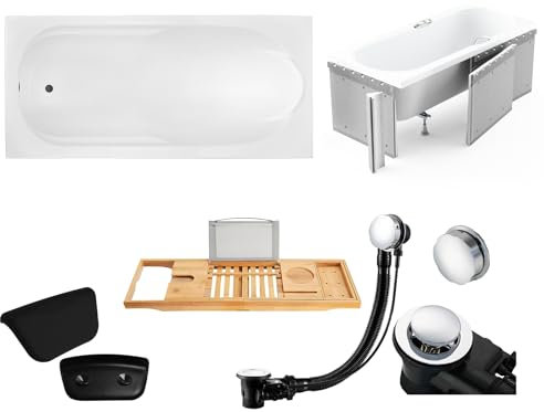 KOLMAN KOMPLETTSET 6in1 Acryl Wanne Badewanne Rechteck 190x80 cm BONA Made in EU + Styroporverkleidung + Badewannentablett Holzablage + Badkissen, mit Ablaufgarnitur in Chrom & Wannenfüße