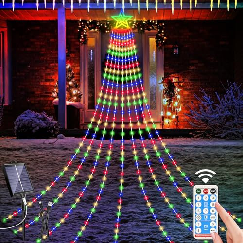 HELESIN Solar Weihnachtsbeleuchtung Außen, 350 LED 9 Girlanden Lichterkette Weihnachtsbaum mit Sterne 8 Modi Wasserdicht Christbaumbeleuchtung Außen für Tannenbaum, Weihnachten Party Garten Deko Bunt