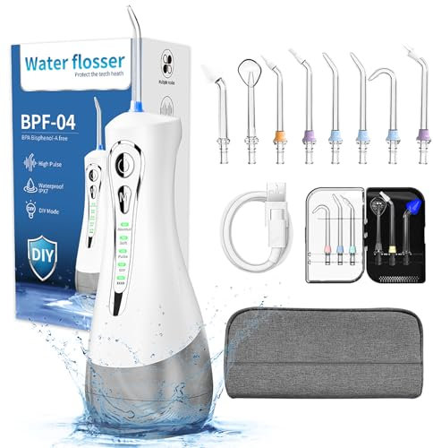 VHV Jet Dentaire,Hydropulseur et Irrigateurs Oral avec 4 Modes de Pression d'eau et 8 Embouts Remplaçables,Rechargeable et Étanche IPX7,Réservoir 320ML,Water flosser Pour La Maison Et Les Voyages (A)