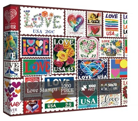 Love Heart Stamps Puzzles 1000 Pieces for Adults, Colorful Valentines Jigsaw Puzzle, Romantic Collage Puzzles for Father's Day and Mother's Day