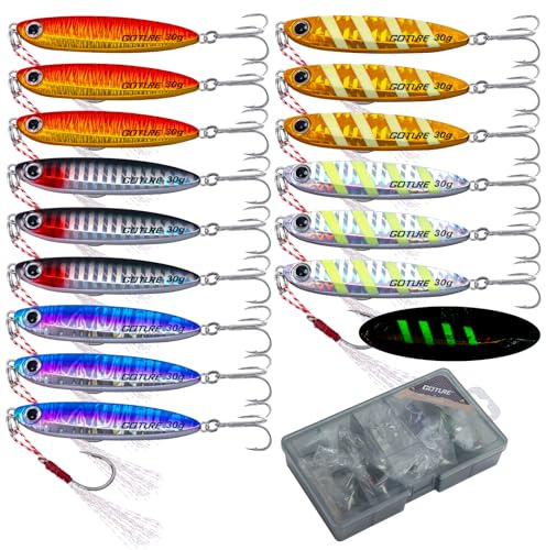 Goture Fishing Vertical Jigs Saltwater Freshwater, Jig Lures with Assist Hook and Treble Hook, 3/4/5/6/10/15 Pcs Jigging Spoon Lures, Fishing Jig for Tuna, Salmon, Bass