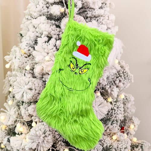 Nikolaus 20'' Grinch Christmas Stockings, Large Xmas Stockings Faux Fur Fabric Family Pack Stockings for Xmas Tree Decorations