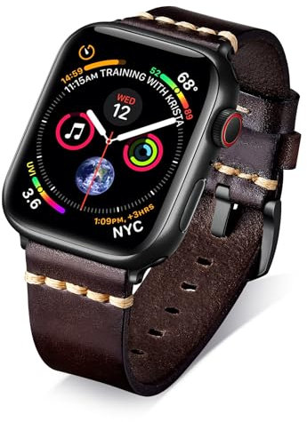 BINLUN Leather Strap Compatible with Apple Watch 38mm 40mm 41mm 42mm 44mm 45mm 46mm 49mm Handmade Retro Band Compatible with iWatch Series 10 9 8 7 6 5 4 3 2 1 SE SE2 Ultra Ultra2, 22mm, Dark Brown