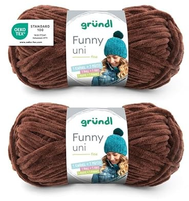Gründl Wolle Funny uni Chenille Wolle 2 Knäuel 100 g, Braun | dicke weiche Chenille Wolle zum Häkeln - Kuschelig und hautfreundlich - 100 % Polyester - 100 g / 120 m - Nadelstärke 5 - 6