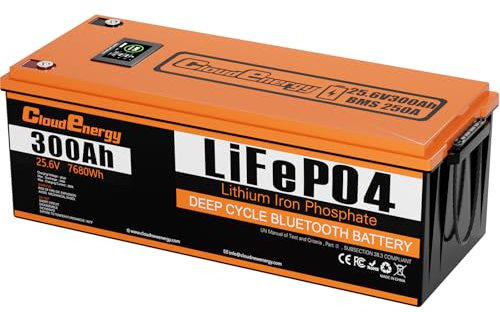 Cloudenergy 25,6 Volt 300Ah LiFePO4 Batteria al litio ferro fosfato con capacità di 7680 Wh, BMS Bluetooth da 200Ah con touchscreen e oltre 6000 cicli per camper, barche e campeggi.