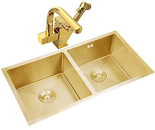 Fregadero de Cocina Fregaderos Dorados con Grifo y Accesorios para Fregadero Encastrado o bajo encimera, para Bares, Balcones/Grifo C-Have/80X45X22Cm