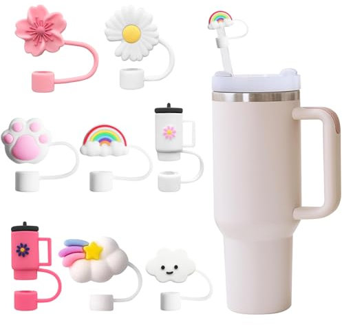 8Pcs Straw Covers Cap for Stanley Cup, 10mm Dust-Proof Colorful Silicone Flower Straw Toppers Reusable Straws Cover Tips Fits 9-10mm Straws Accessories for Stanley 40/30 Oz Tumbler Water Bottles