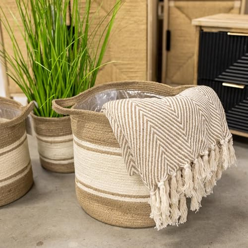 Korb rund natur und creme-weiß mit Henkel Ø 25 x 23cm Pflanzkorb mit Einsatz Blumentopf geflochten Aufbewahrungskorb Über-Topf Regal-Körbe