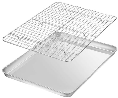 Terlulu Backblech mit Abkühlgitter, Edelstahl Rechteckige Ofenblech Kuchenblech, 40,5x30,5x2,5cm, Groß Ofenblech mit Auskühlgitter für Backen, Braten und Kühlen, Spülmaschinenfest & Langlebig