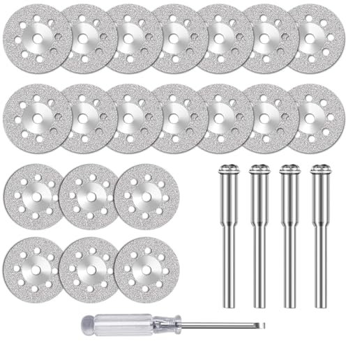 20Pcs Diamond Cutting Wheel Set, 22mm/545 Cut off Discs for Dremel Rotary Tool with 3mm Mandrels and 1 Screwdriver, Diamond Cutting Disc Glass Cutters Stone Metal Ceramics Gemstones
