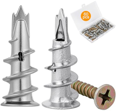 vsshe Viti e Tasselli per Cartongesso, 60pcs Tasselli Autofilettante per Cartongesso, Fissaggi per Cartongesso Autoperforanti,Viti in Metallo per Impieghi Gravosi per fissare cornici,pannello,mattoni