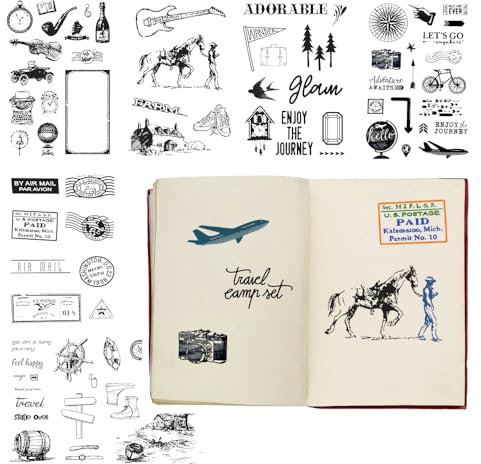 MUWINC Set di 78 Timbri in Silicone Trasparente - Motivi Viaggio Vintage | Timbri Riutilizzabili per Scrapbooking, Cartoline & Progetti Creativi