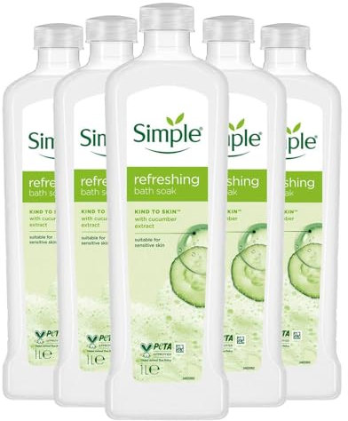 Simple Kind to Skin Refreshing Bath Soak, Pack of 5, Bubble Bath for Women, Soft and Hydrated Skin with Pro-Vitamin B5 and Cucumber Extract for Sensitive Skin Type, 1 L