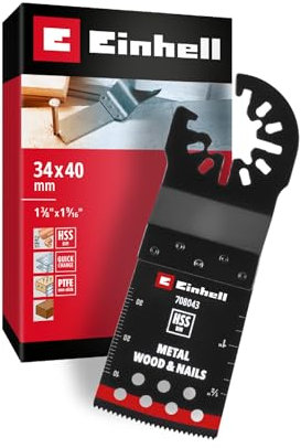 Original Einhell Tauchsägeblatt aus Bi-Metall für Metall- und Holzbearbeitung (34 mm Breite, 40 mm Eintauchtiefe, PTFE-Finishing, Metallverzahnung, gekrümmte Schneide, Schnellwechselfunktion)