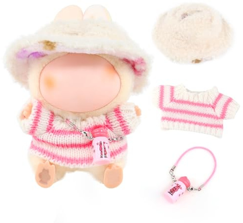Bekleidungs Zubehör für 17cm Puppen, Bekleidung für 17cm Plüsch, Mini Plüsch Kleidung Outfit, Puppenkleidung+Mütze+Deko-Becher, Für Weihnachten&Geburtstag(ohne Puppe)(Rosa-weißer Strickpullover)