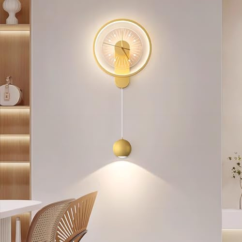 LYSDjia Wandleuchten LED Wanduhr Kreativ mit 3 Farbiger Beleuchtung Uhr Design Wandleuchte Schwarz Wandbeleuchtung Moderne Wanddekoration für Wohnzimmer Esszimmer Büro Küche(Gold,A Style)