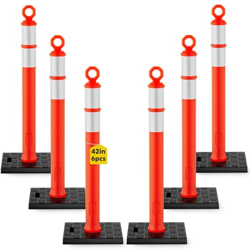 HiGiant 42 Inch Traffic Delineator Posts 6 Pack, Tall Traffic Cones with Base for Drivers Training, Parking lot