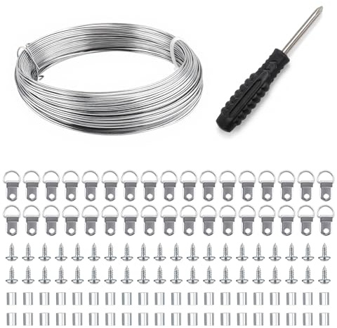 1 Set Picture Hanging Kit, 1mm x 30m Wire, D-Ring Hooks & Screws | Heavy duty hanging wire with loop sleeves, screwdriver, and hooks.For mirrors, photo frames, canvas art.Supports heavy loads.