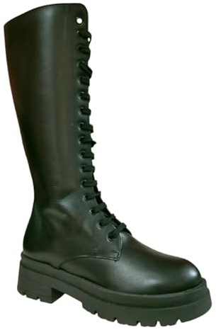 Divine Follie 16 AU Nero Anfibi Alti a Ginocchio Lacci Stivali da Donna Stile Militare Cerniera Invernali Vera Pelle Tacco Basso Suola Carrarmato - 37