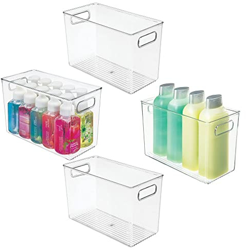 mDesign 4er-Set Badezimmer Organizer – Aufbewahrungsbox mit Griffen für Shampoo, Handtücher und andere Badutensilien – auch zur Kosmetikaufbewahrung geeignet – durchsichtig
