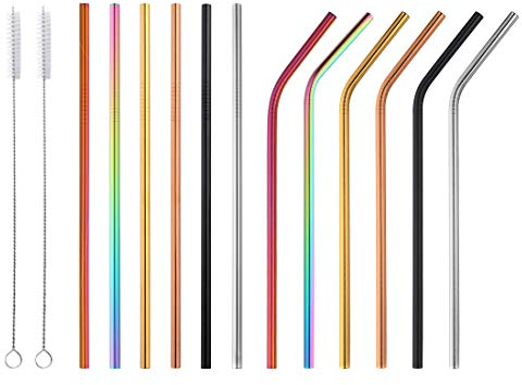 Pailles 12 pièces Paille d'acier Inoxydable 6 Couleurs Réutilisable Pailles en métal 2 pinceaux de Nettoyage pour gobelet Smoothie Yeti